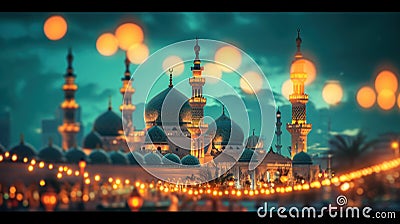 Glowing mosques, twinkling lights, embodying the spirituality and reverence of Ramadan with copy space Stock Photo