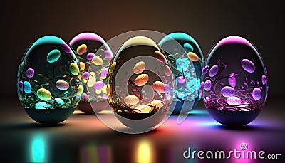 Glowing multicolored rainbow eggs. Glass illumination water aquarium. Abstract Easter eggs. Stock Photo