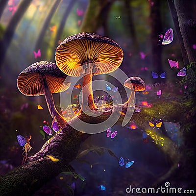 Glowing mushrooms in a magical forest Stock Photo