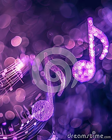 Glowing music sheets notes on beautiful lights bokeh background Stock Photo
