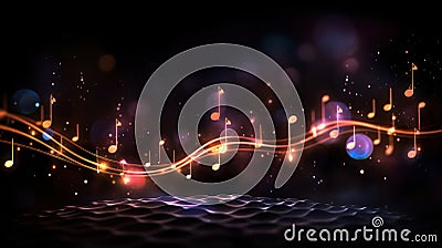 Glowing music sheets notes on beautiful lights bokeh background Stock Photo