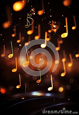 Glowing music sheets notes on beautiful lights bokeh background Stock Photo