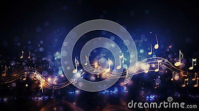 Glowing music sheets notes on beautiful lights bokeh background Stock Photo