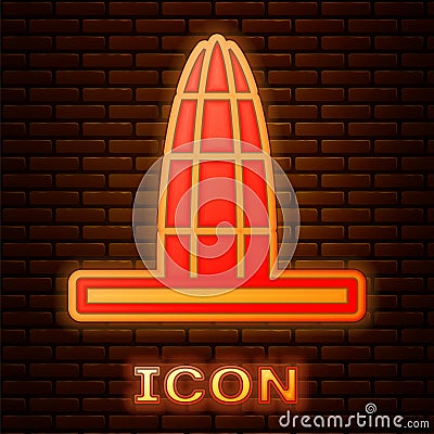 Glowing neon Agbar tower icon isolated on brick wall background. Barcelona, Spain. Vector Stock Photo