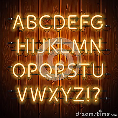 Glowing Neon Alphabet on Wooden Background Vector Illustration