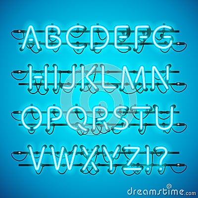 Glowing Neon Azure Blue Alphabet Vector Illustration