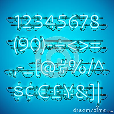 Glowing Neon Azure Blue Numbers Vector Illustration