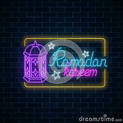 Glowing neon banner of ramadan islamic holy month on dark brick wall background. Ramadan kareem. Vector Illustration