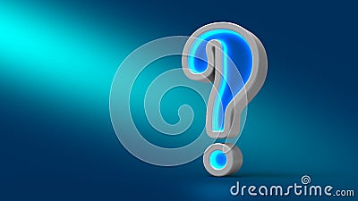 Glowing neon big question mark on the table, on blue background, 3d illustration. Cartoon Illustration