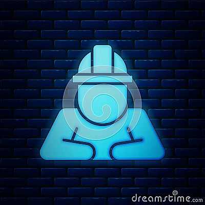 Glowing neon Builder icon isolated on brick wall background. Construction worker. Vector Stock Photo