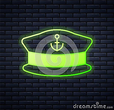 Glowing neon Captain hat icon isolated on brick wall background. Vector Stock Photo