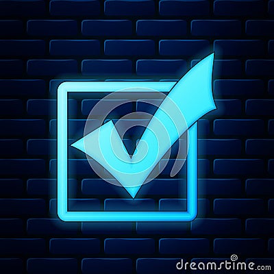 Glowing neon Check mark in a box icon isolated on brick wall background. Tick symbol. Check list button sign. Vector Vector Illustration