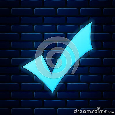 Glowing neon Check mark icon isolated on brick wall background. Tick symbol Vector Illustration