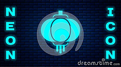 Glowing neon Chinese paper lantern icon isolated on brick wall background. Vector Vector Illustration