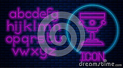 Glowing neon Christian chalice icon isolated on brick wall background. Christianity icon. Happy Easter. Neon light Vector Illustration