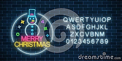 Glowing neon christmas sign with snowman and alphabet. Christmas snow man symbol web banner in neon style. Vector Illustration