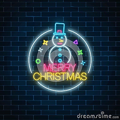 Glowing neon christmas sign with snowman with hat in circle frame. Christmas snow man symbol web banner in neon style. Vector Illustration