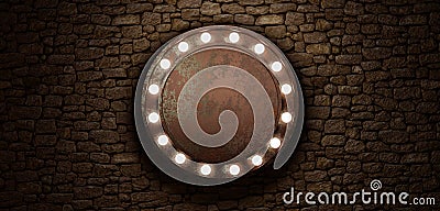glowing neon circle frame in retro style Brick wall background Billboard sign Long billboard Blank glow sign with neon lamp 3d Stock Photo