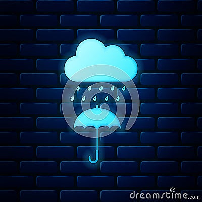 Glowing neon Cloud with rain drop on umbrella icon isolated on brick wall background. Vector Vector Illustration