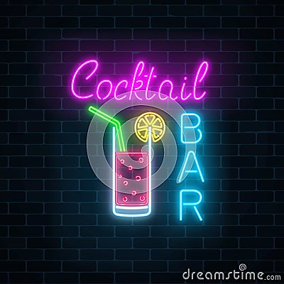 Glowing neon cocktails bar signboard on dark brick wall background. Luminous advertising sign of night club with bar. Vector Illustration