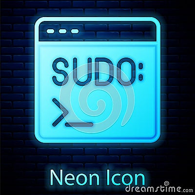 Glowing neon Code terminal icon isolated on brick wall background. Browser window with command line. Command panel Vector Illustration