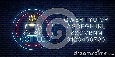 Glowing neon coffee cup icon in circle frames with alphabet. Light effect hot beverage or cafe sign Vector Illustration