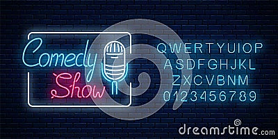 Glowing neon comedy show sign with retro microphone in rectangle frame with alphabet. Humor monolog signboard Vector Illustration