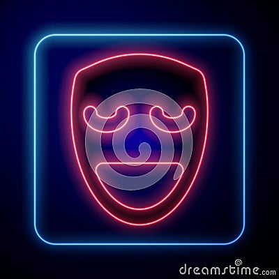 Glowing neon Comedy theatrical mask icon isolated on blue background. Vector Vector Illustration