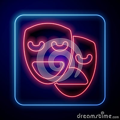 Glowing neon Comedy and tragedy theatrical masks icon isolated on blue background. Vector Vector Illustration
