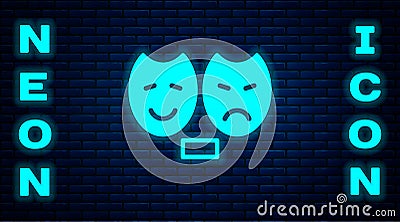 Glowing neon Comedy and tragedy theatrical masks icon isolated on brick wall background. Vector Vector Illustration