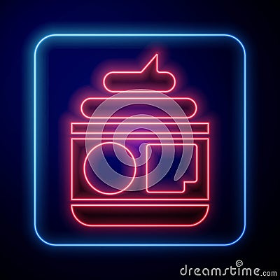 Glowing neon Cream or lotion cosmetic tube icon isolated on blue background. Body care products for men. Vector Vector Illustration