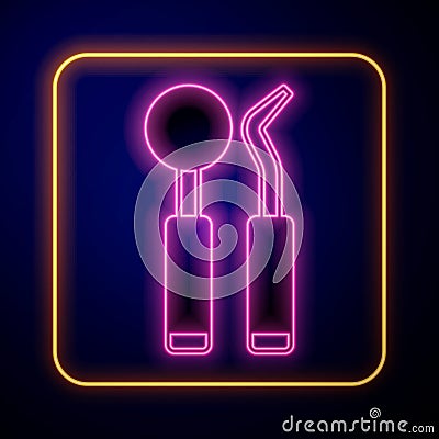 Glowing neon Dental inspection mirror and probe icon isolated on black background. Explorer scaler. Tool dental checkup Stock Photo