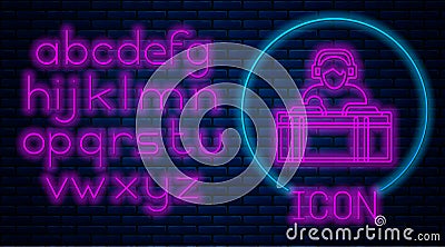 Glowing neon DJ wearing headphones in front of record decks icon isolated on brick wall background. DJ playing music Vector Illustration