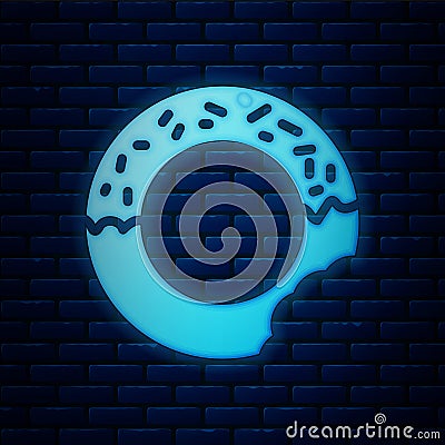 Glowing neon Donut with sweet glaze icon isolated on brick wall background. Vector Vector Illustration