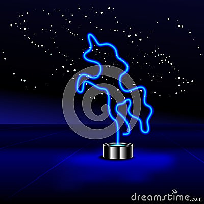 Glowing Neon effect sign with blue Unicorn. Night club or bar concept. Night bright signboard, Glowing light banner. Vector Illustration