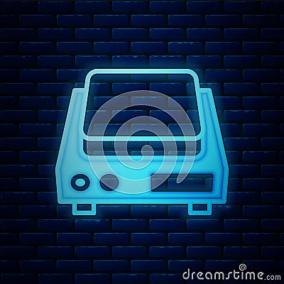Glowing neon Electronic jewelry scales icon isolated on brick wall background. Vector Stock Photo