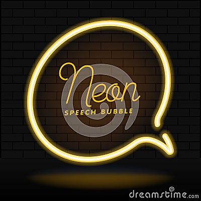 Glowing neon empty speech bubble frame. Circle blank speech bubble in neon style on dark brick wall background. Vector Vector Illustration