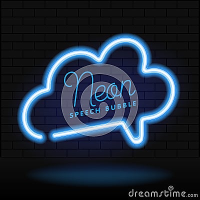 Glowing neon empty speech bubble frame. Cloud blank speech bubble in neon style on dark brick wall background. Vector Vector Illustration