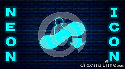Glowing neon Escalator down icon isolated on brick wall background. Vector Vector Illustration