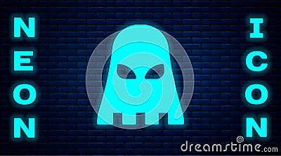 Glowing neon Executioner mask icon isolated on brick wall background. Hangman, torturer, executor, tormentor, butcher Vector Illustration