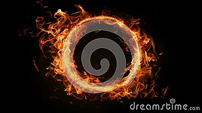 Glowing neon flame creates circular pattern on dark background. Generative AI Stock Photo
