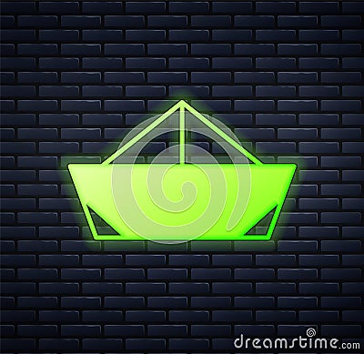 Glowing neon Folded paper boat icon isolated on brick wall background. Origami paper ship. Vector Vector Illustration