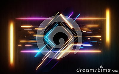 Glowing neon geometric elements abstract background. Neon light or laser show, electric impulse Stock Photo