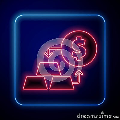 Glowing neon Gold exchange money icon isolated on black background. Money changer. Vector Vector Illustration