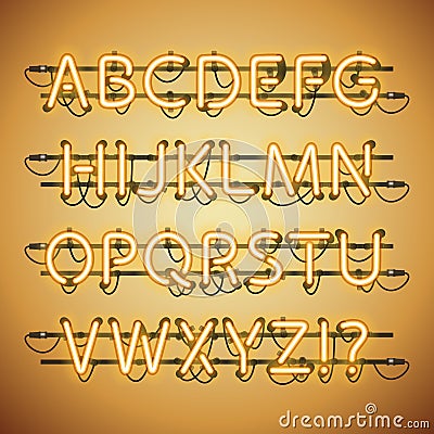 Glowing Neon Golden Alphabet Vector Illustration