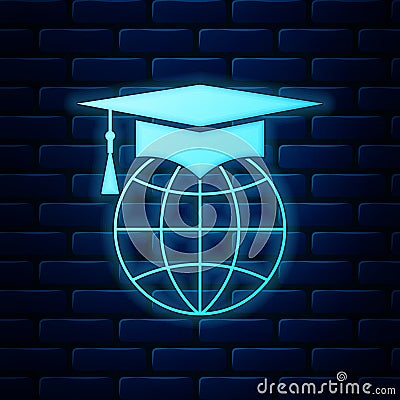 Glowing neon Graduation cap on globe icon isolated on brick wall background. World education symbol. Online learning or Vector Illustration