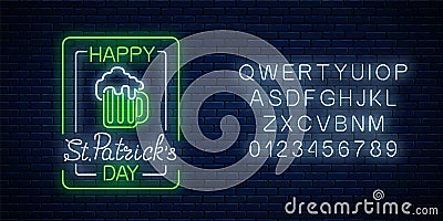 Glowing neon green beer pub with celebrating saint patrick day signboard in rectangle frames with alphabet Vector Illustration