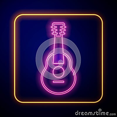 Glowing neon Guitar icon isolated on black background. Acoustic guitar. String musical instrument. Vector Vector Illustration