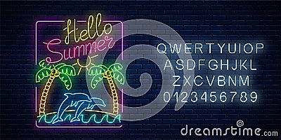 Glowing neon hello summer sign with palms, island, dolphins in ocean and text with alphabet. Shiny summertime symbol Vector Illustration