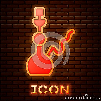 Glowing neon Hookah icon isolated on brick wall background. Vector Vector Illustration
